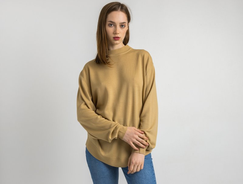 Vintage Beige Casual 100% Pure Wool No Fastens Sweater Jumper 6215 - 女毛衣/針織衫 - 羊毛 咖啡色