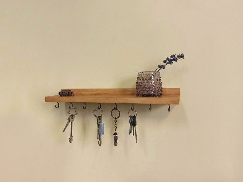 Wooden wall floating shelf key holder (8 hooks) - ชั้นวาง/ตะกร้า - ไม้ 