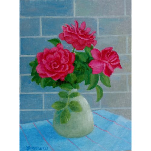 SemyonovArt Studio Red Garden Roses Flowers Original Art Oil Painting Wall Decor Beautiful Roses