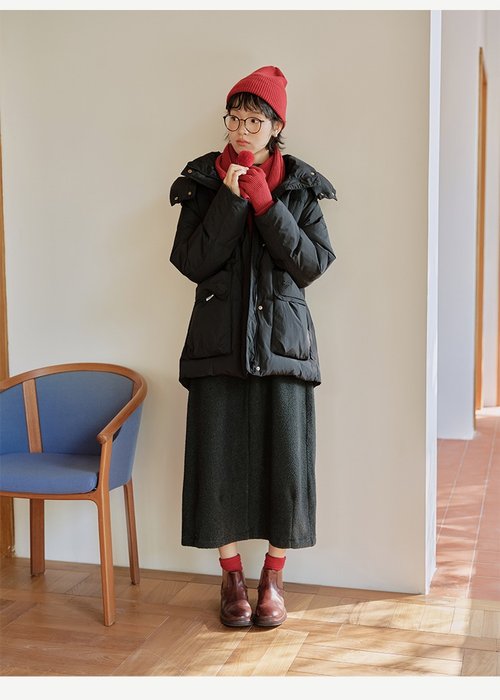 說與山聽 白鴨絨收腰中長款黑色羽絨服