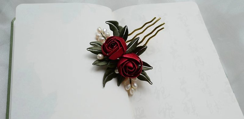 Rose bud gradient color wrapped hair hairpin ancient style Chinese cheongsam hair accessories wedding bride Hanfu can be customized - Hair Accessories - Thread Red
