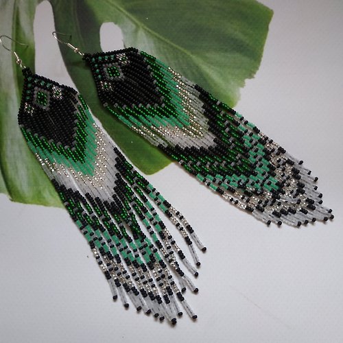 White Bird gallery of exquisite jewelry from Halyna Nalyvaiko Super long green beaded earrings with fringe Green dangle earrings Extra long