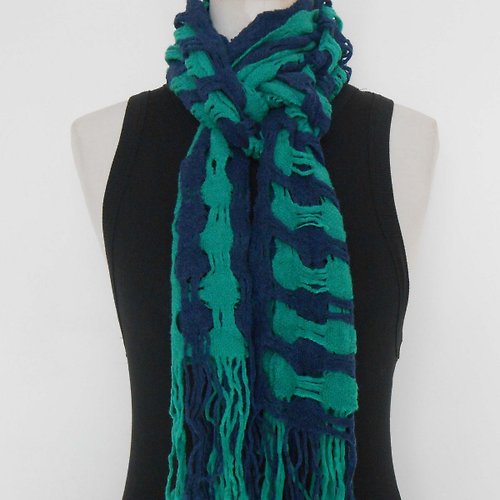 慢手做 梭織 手工圍巾-100%美麗諾羊毛圍巾12深藍x綠
