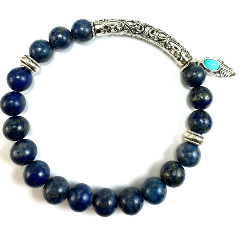 天然ラピスラズリ / タイシルバー羽根飾り / 彫刻入りシルバーパイプ / 上質なブルー系デザイン - ブレスレット - 翡翠 多色