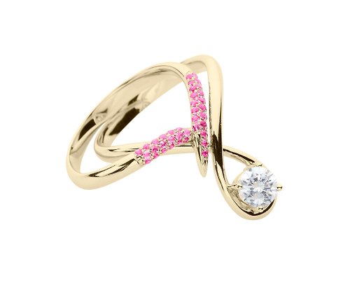 Majade Jewelry Design 莫桑石14k金粉紅寶石結婚戒指組合 水滴形求婚戒指 流星訂婚套裝