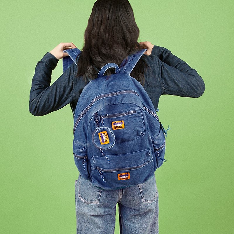 yizistore original washed denim embroidered backpack female large-capacity casual backpack high school student schoolbag - กระเป๋าเป้สะพายหลัง - วัสดุอื่นๆ 