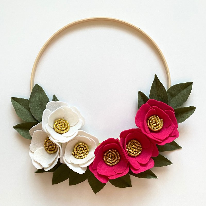 其他材質 壁貼/牆壁裝飾 - Wreath with camellias, summer wreath, felt flower wreath, floral wreath