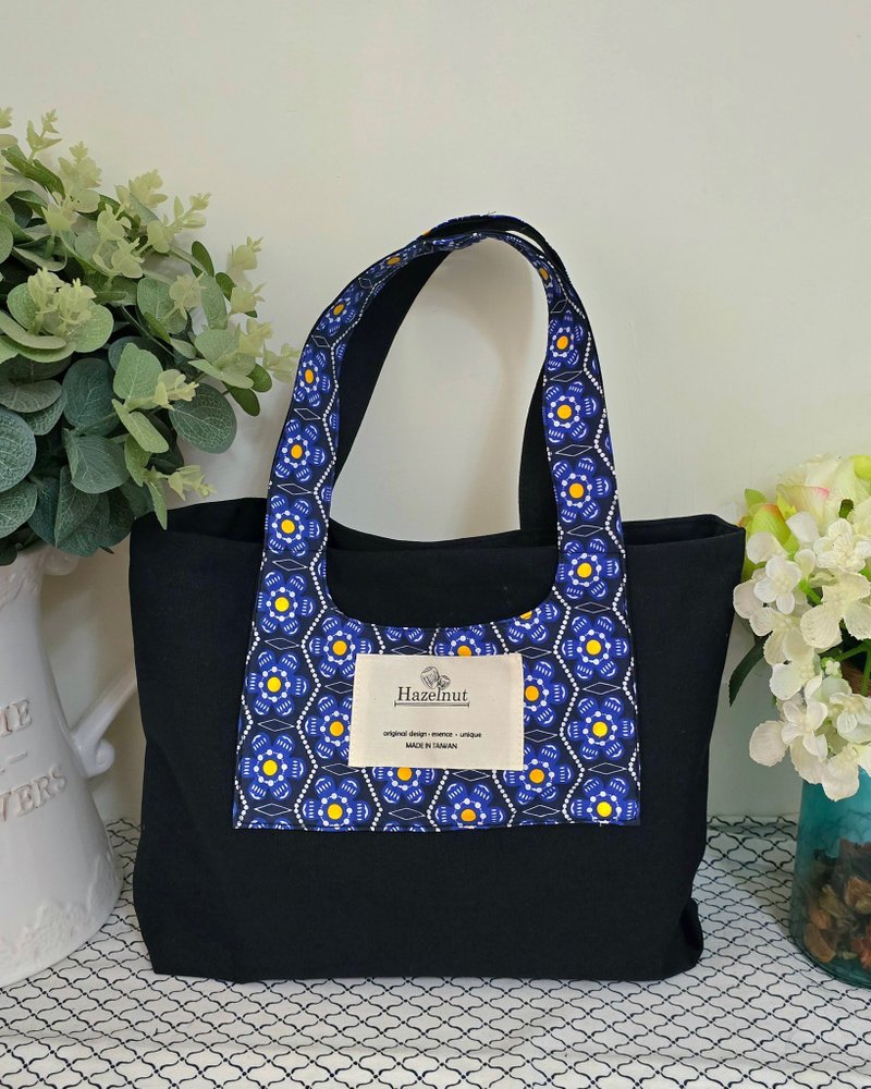 Nordic style black blue flower pattern handbag cotton canvas shoulder bag side backpack - Handbags & Totes - Cotton & Hemp 