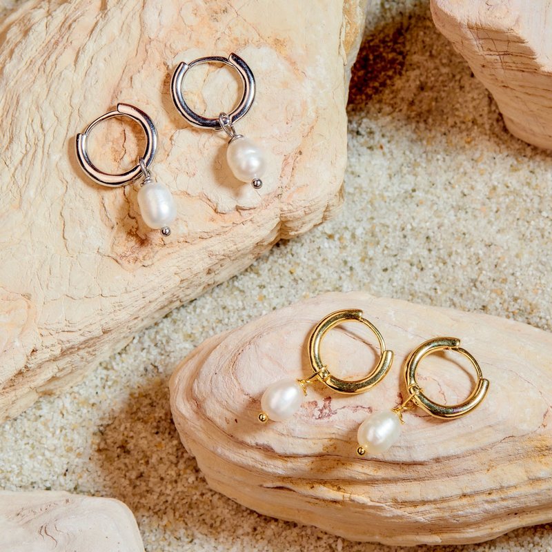 天然白色米型珍珠金銀雙色耳環 6–7mm 精緻時尚 聖誕節禮物 - 耳環/耳夾/耳骨夾 - 珍珠 白色