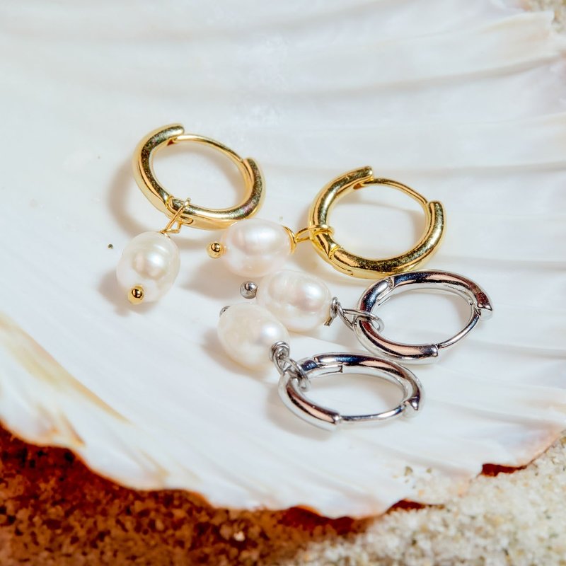 天然白色米型珍珠金銀雙色耳環 6–7mm 珍珠耳環 聖誕節禮物 - 項鍊 - 珍珠 白色