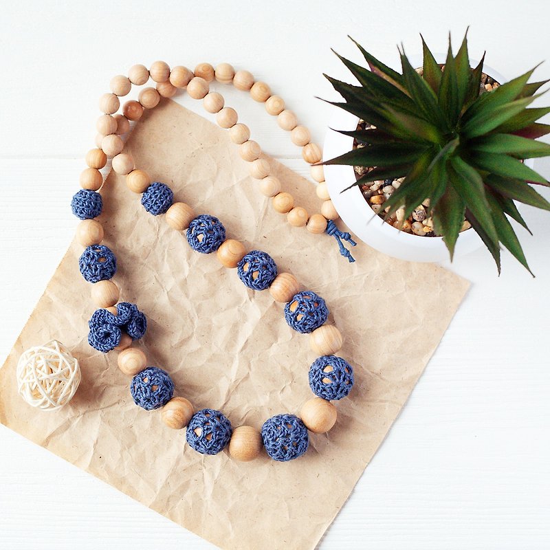 Crochet Boho Teething Necklace - Navy Blue Jewelry for Breastfeeding Mom - Necklaces - Wood Blue