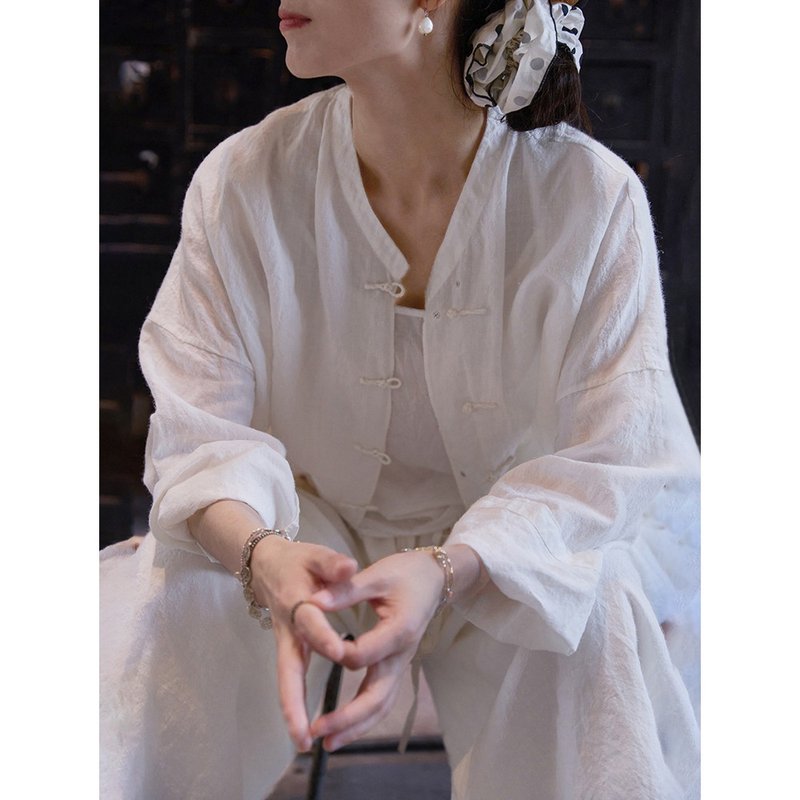 復古禪意漢服白色中式中長款麻襯衫 - 女襯衫 - 棉．麻 