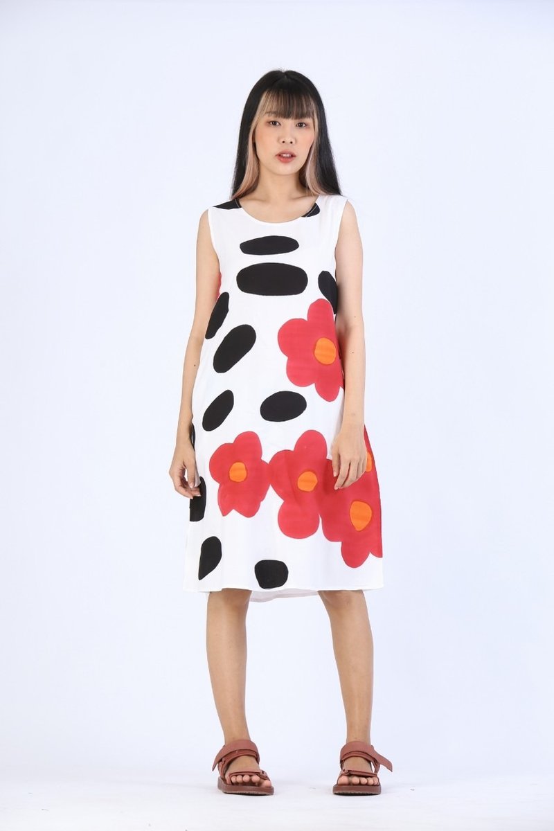 Short Dress Cotton Rayon Hand Paint For Summer Beach Vacation - 洋裝/連身裙 - 棉．麻 白色