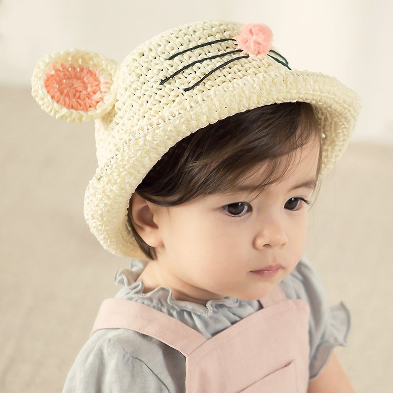 韓國 Happy Prince Lemming嬰童小貓咪遮陽草帽-米色 - 嬰兒帽子/髮帶 - 紙 卡其色