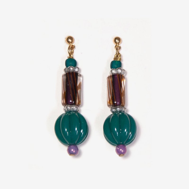 Purple and Emerald Green Melon Beaded Earrings, Post Earrings, Clip On Earrings - ต่างหู - โลหะ สีม่วง