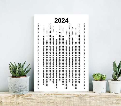 LineDotsArt Yearly Wall Calendar 2024, 12 Months White Black Calendar