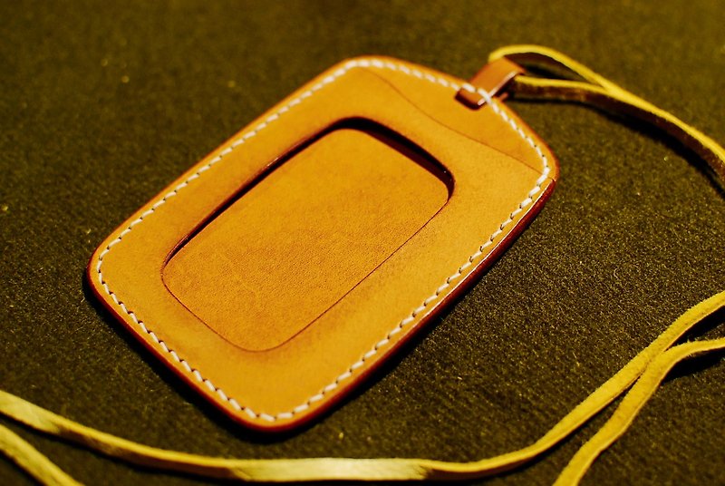 Light brown straight identification card holder handmade genuine leather City Explorer series product CITY02CHA - ที่ใส่บัตรคล้องคอ - หนังแท้ สีกากี