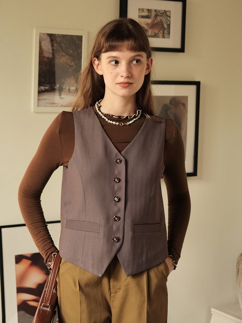 Mintcheese Plum Rat Tone Alkali Button French Versatile Vest - เสื้อกั๊กผู้หญิง - เส้นใยสังเคราะห์ สีนำ้ตาล