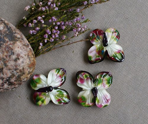 InnaKirkevichLampwork Lampwork butterfly beads, handmade green with pink glass insect beads - 1 pc