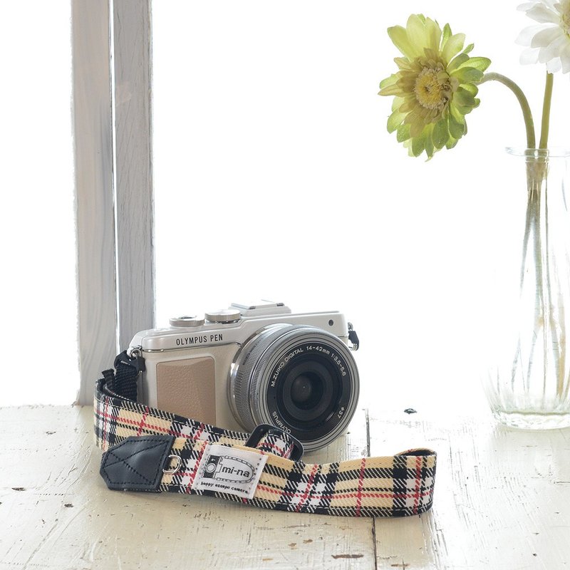 [2.5cm width] Adjustable length camera strap / beige tartan check - Camera Straps & Stands - Cotton & Hemp Multicolor