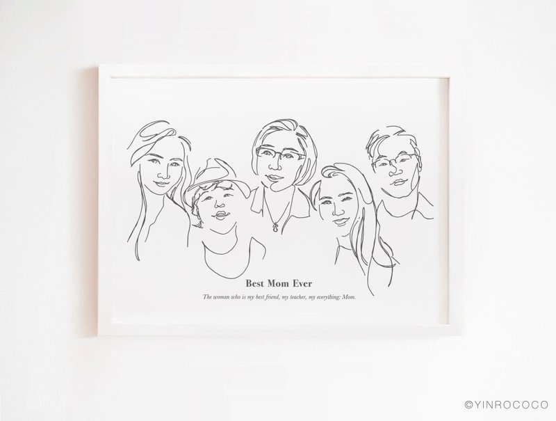 Family portrait fashion simple line drawing 5 people pet painting custom painting wedding anniversary customized gift - ภาพวาดบุคคล - กระดาษ ขาว