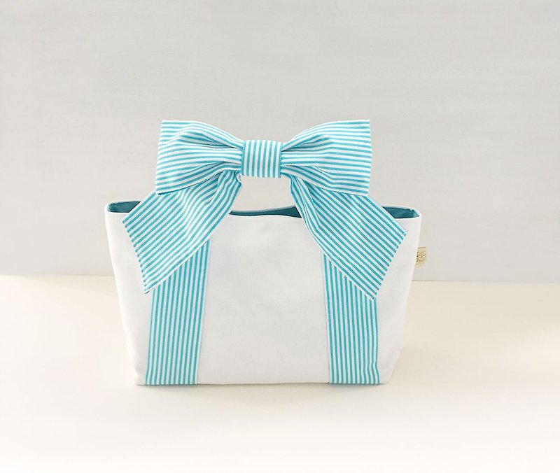 RIBBON TOTE BAG, Sky blue stripe, ribbon tote light blue stripe - Handbags & Totes - Cotton & Hemp Blue