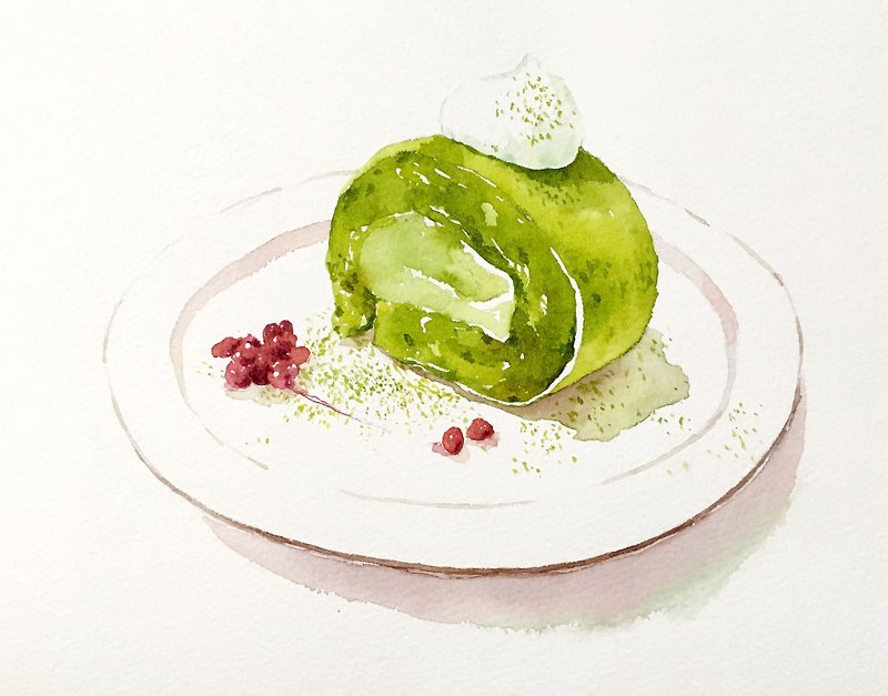 WUWU HSU Dessert Watercolor Lesson - Matcha Roll - Illustration, Painting & Calligraphy - Paper Green