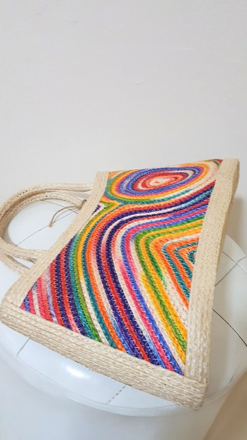 bangkokcrafter Beautiful sisal hemp bag, rainbow pattern, medium size, all white.