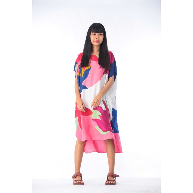 Hand Painted Cotton Rayon Kaftan for Summer Resort Vacation - 洋裝/連身裙 - 棉．麻 粉紅色