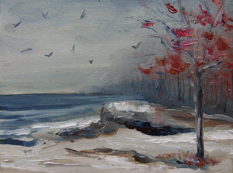 Late autumn sea coastal landscape, dark sea water, snow, red tree oil painting - Wall Décor - Other Materials Gray