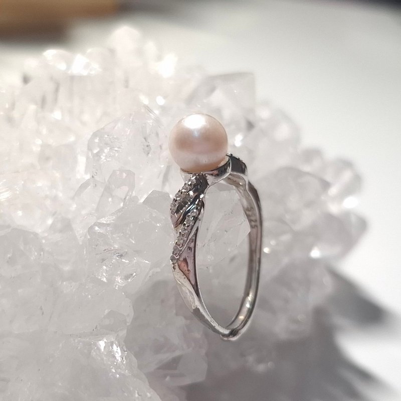 Spiral Diamond Seawater Akoya Pearl Sterling Silver Ring - แหวนทั่วไป - ไข่มุก 