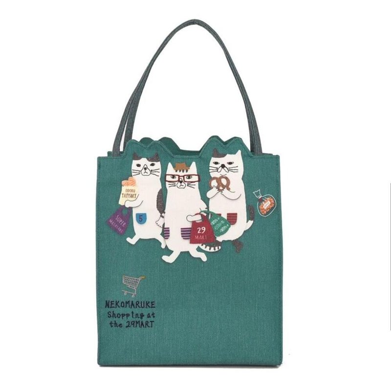 Kusuguru Japan 手提包 一起逛街購物趣 雜誌包 貓丸系列 -藍綠色 - 手提包/手提袋 - 聚酯纖維 綠色