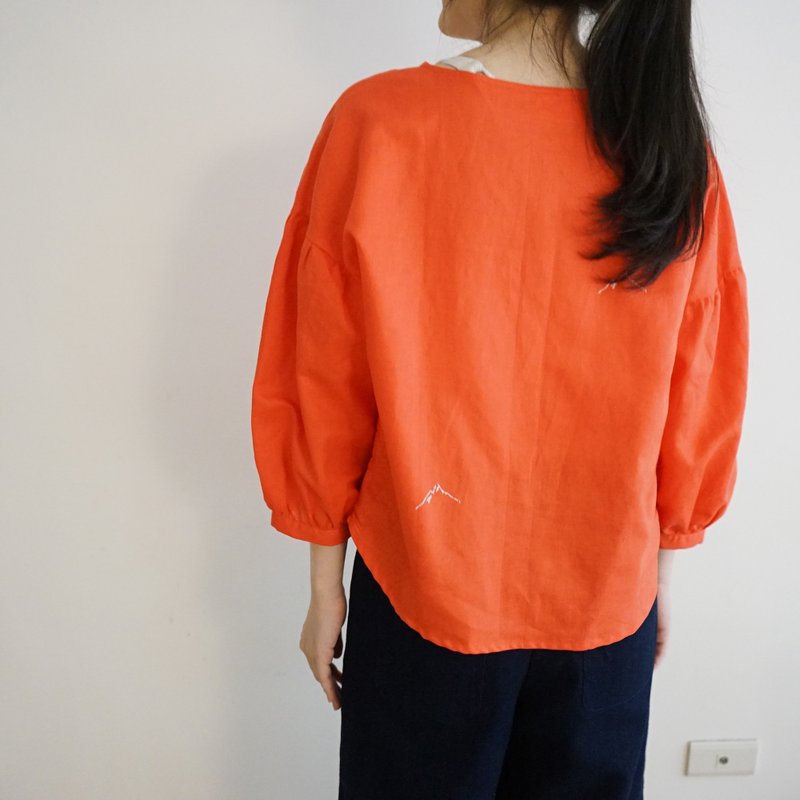 Super bright orange linen cotton puff sleeves arc hem printed three-quarter sleeve top - Women's Tops - Cotton & Hemp Red