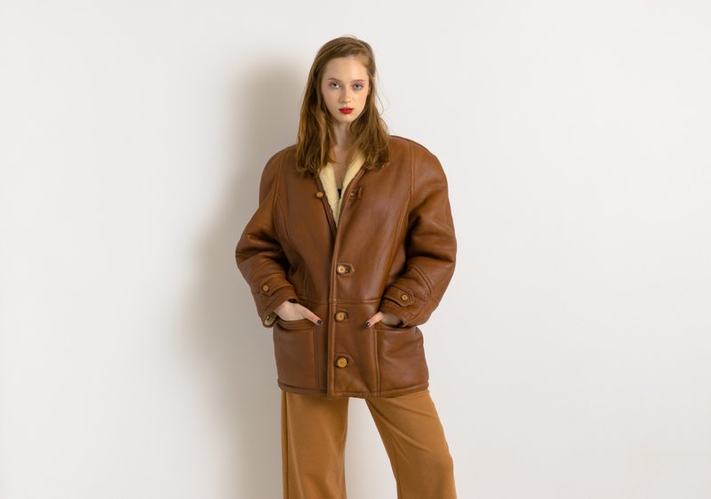 Shearling Coat vintage brown sheepskin shearling winter jacket medium 7874 - 女大衣/外套 - 羊毛 咖啡色