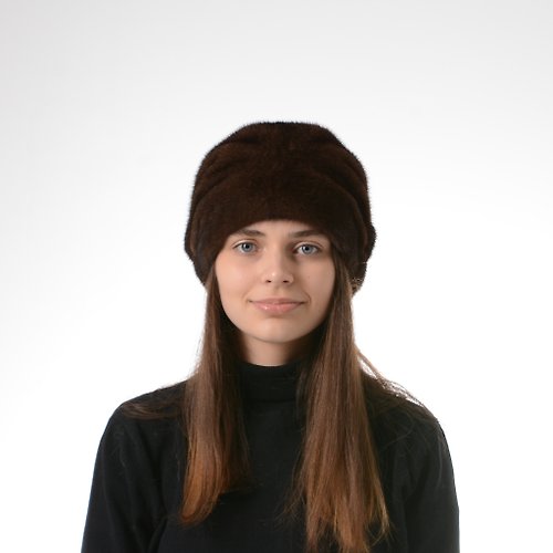 FurStyleUA Winter Women Warm Elegant Mink Hat Made Of 100% Real Mink Fur Brown Black Color