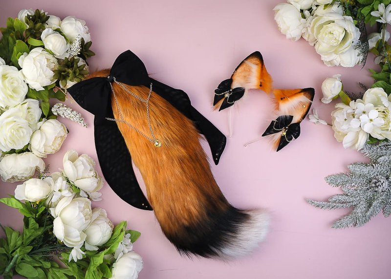 Golden Fox Ears and Tail Set Faux Fur Ears and Tail Set - เครื่องประดับผม - ไฟเบอร์อื่นๆ สีส้ม