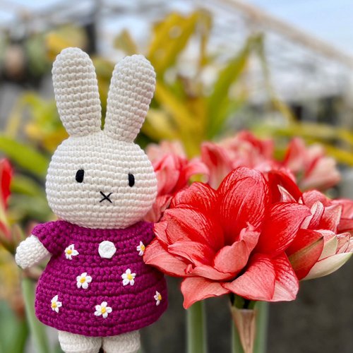Just Dutch | ミッフィーの編みウサギ人形とチェリーレッドの花の