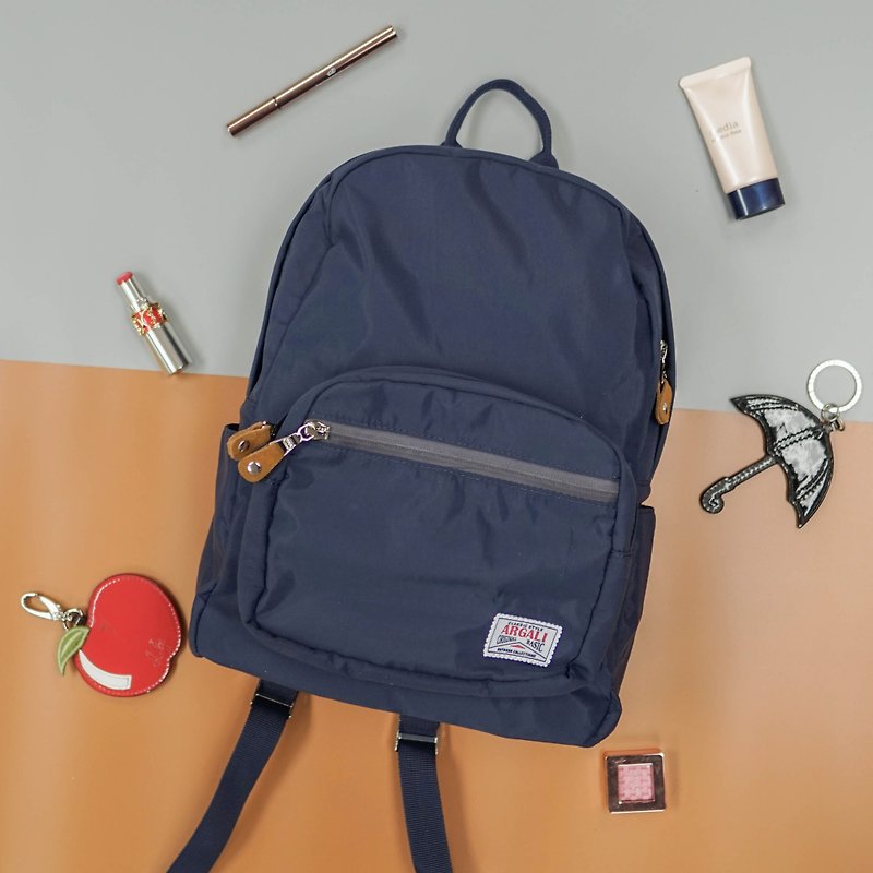 女生單色系 戶外 簡約 後背包 Backpack 深藍色 - 後背包/書包 - 棉．麻 藍色