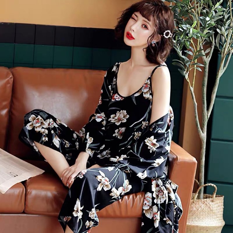 。莫蘭迪物語。三件套微露性感唯美V領睡衣超仙棉綢開衫家居服 - 睡衣/居家服 - 絲．絹 