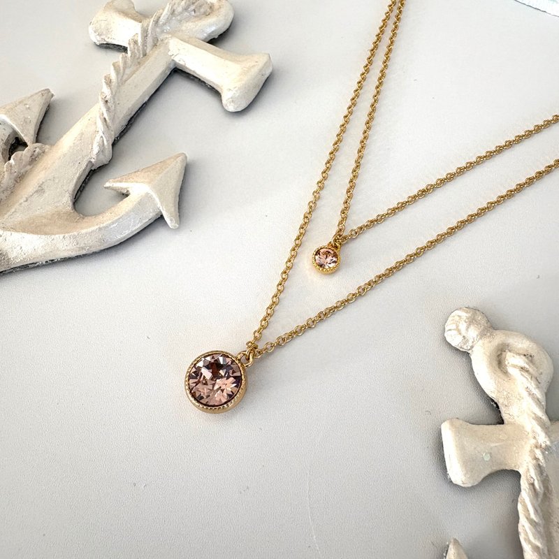 Double Chain Necklace Blingbling Rose Pink 24K Gold Plated Plating  V-shaped - 項鍊 - 玻璃 粉紅色