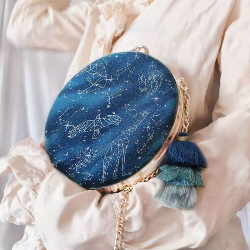 New star constellation ball decoration small round bag three-style portable shoulder shoulder shoulder gold bag - Messenger Bags & Sling Bags - Cotton & Hemp Blue