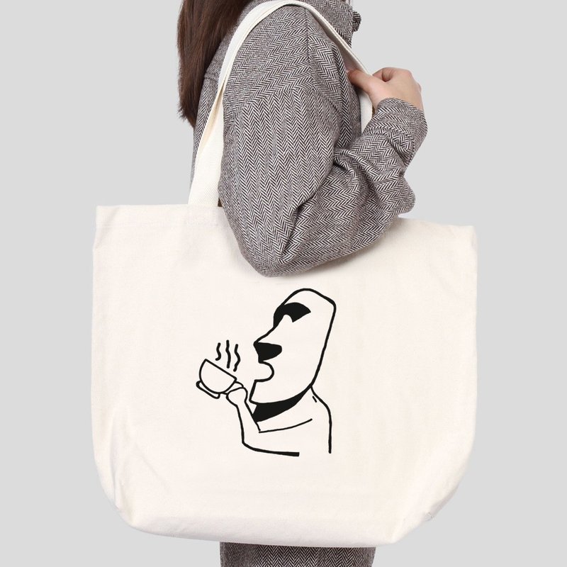 Moai coffee tote bag - Messenger Bags & Sling Bags - Other Materials White