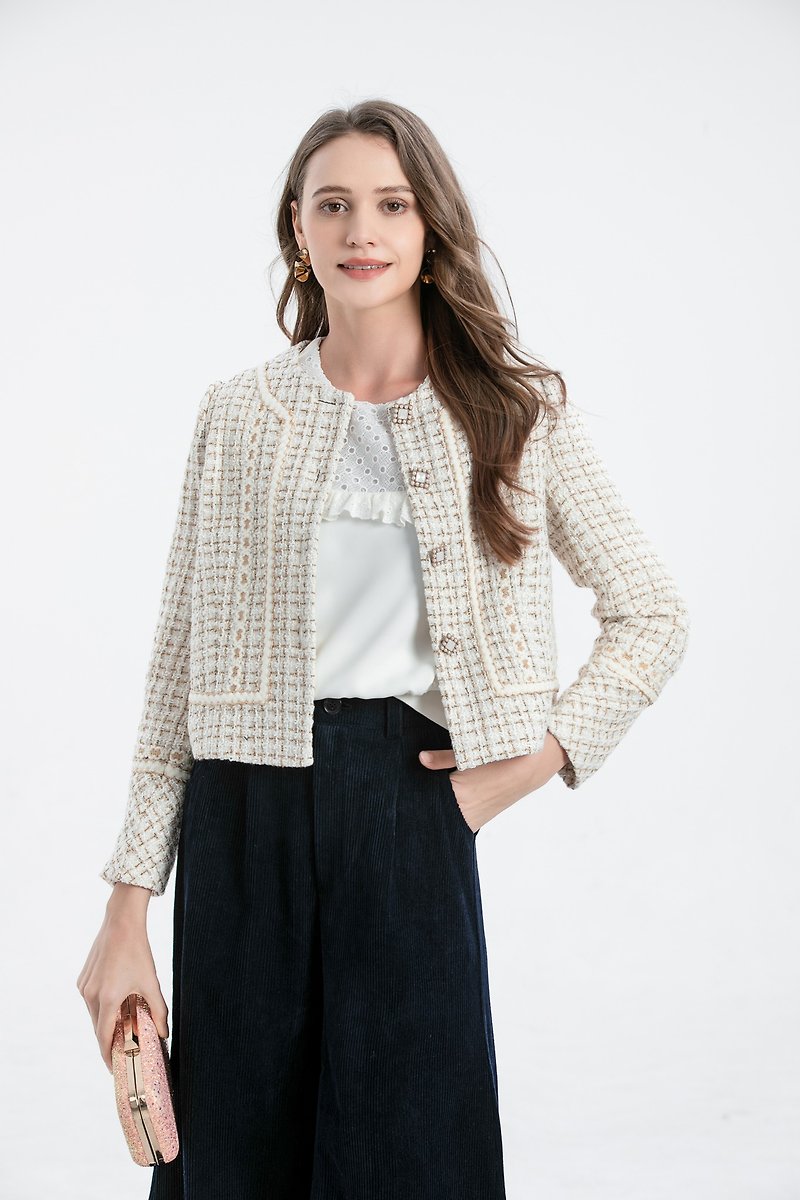 Round Neck Gold Thread Jacket | White | Lined - Women's Casual & Functional Jackets - Polyester White