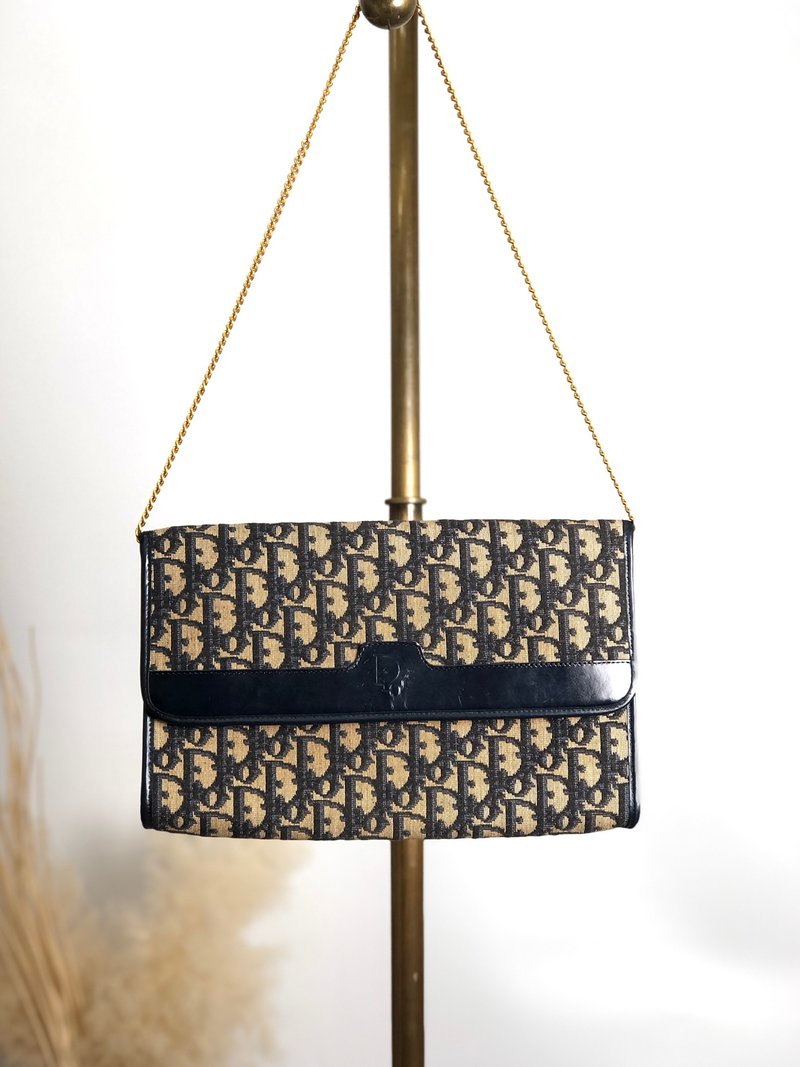 【 日本直送 名牌中古包 】Christian Dior 緹花肩背包 黑色 壓印Logo 緹花 鍊帶 vintage nvjjp2 - 側背包/斜背包 - 棉．麻 黑色