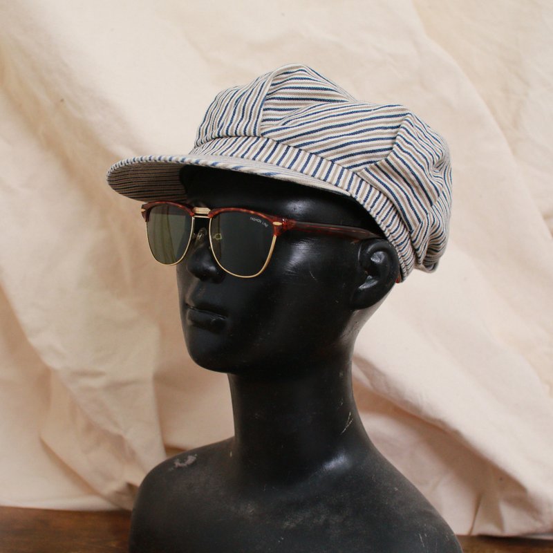 Back to Green:: 戶外漁夫帽 藍卡其條紋 d-09 vintage hat - 帽子 - 棉．麻 