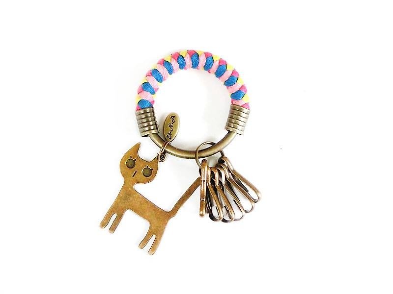 鑰匙圈(小)5.3CM粉紅+桃紅+亮黃+亮藍+站立貓咪 編織 腊繩 客製化 - 鑰匙圈/鑰匙包 - 其他金屬 多色