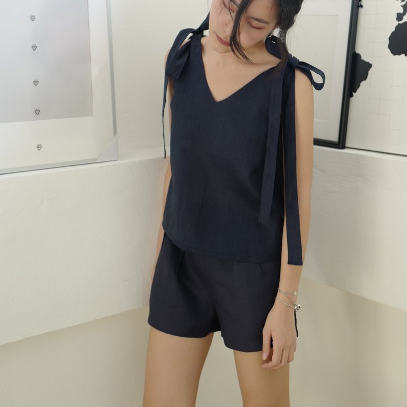 Bow Shoulder Top 2 (Navy) - 女上衣/長袖上衣 - 棉．麻 藍色