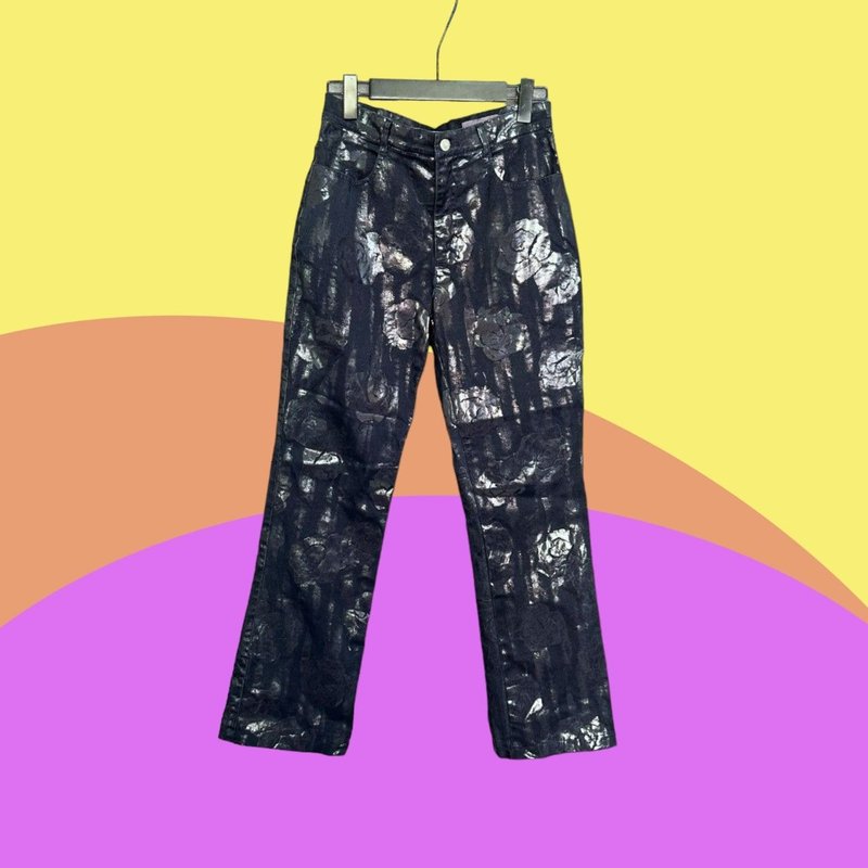 Second-hand JIARJIA hot dance dark blue glossy printed denim high-waisted trousers CA315 - กางเกงขายาว - เส้นใยสังเคราะห์ สีน้ำเงิน