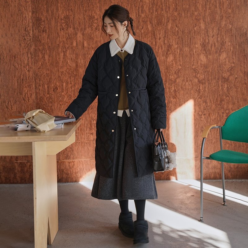 藏青色菱格長款羽絨服|外套|冬款|Sora-1396 - 女大衣/外套 - 聚酯纖維 