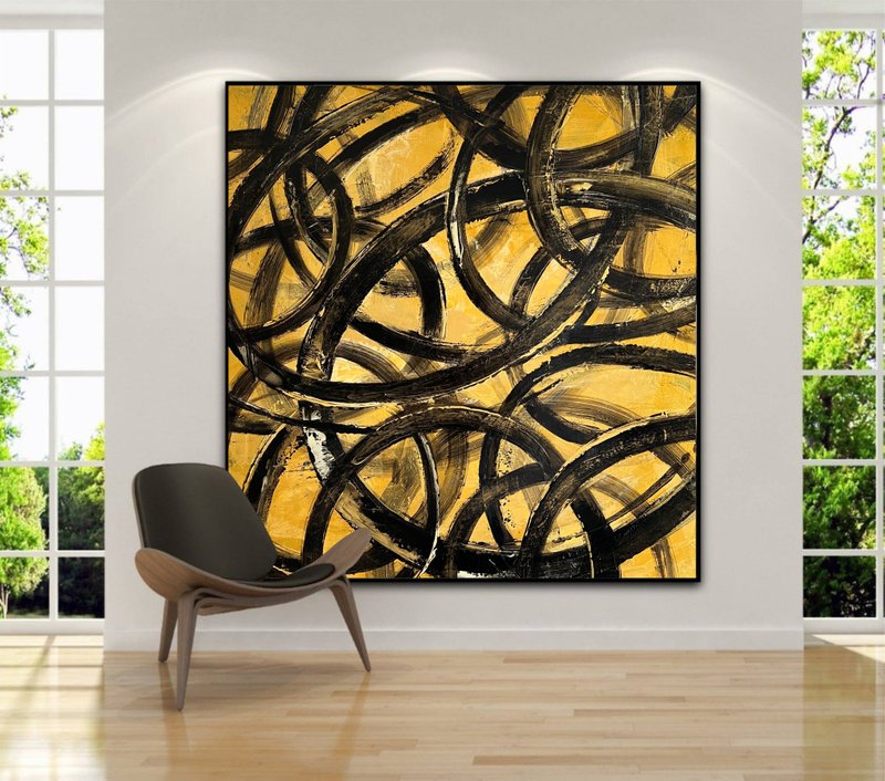 Large Black Circle Yellow Paintings On Canvas, Modern Contemporary Artwork - 壁貼/牆壁裝飾 - 壓克力 黃色